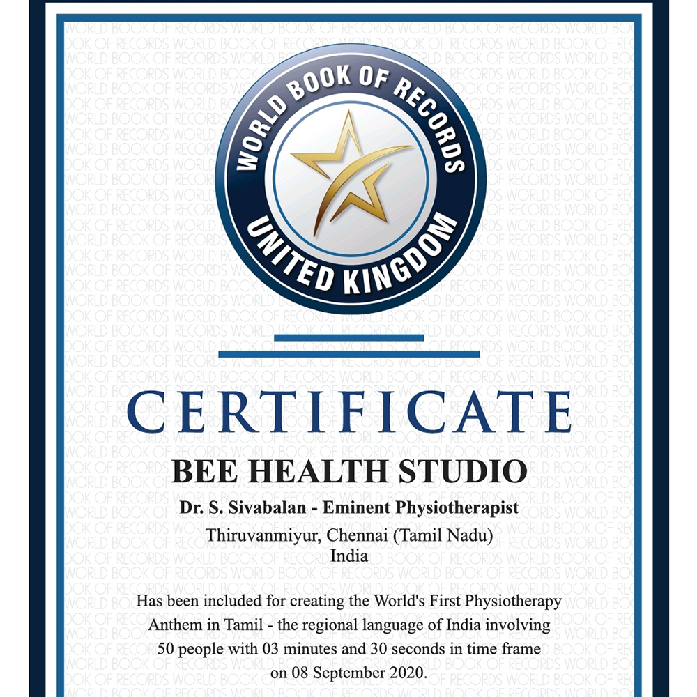 Image of BEE Health Studio's certificate for physiotherapy anthem launched for World PT Day 2020